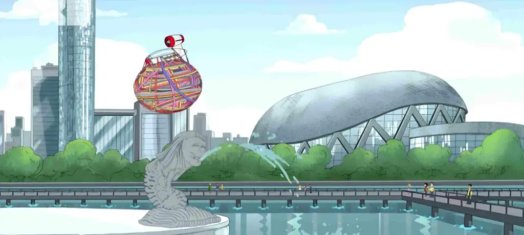 Phineas, Ferb, and friends on a giant rubber ball bouncing on Singapore's Merlion.