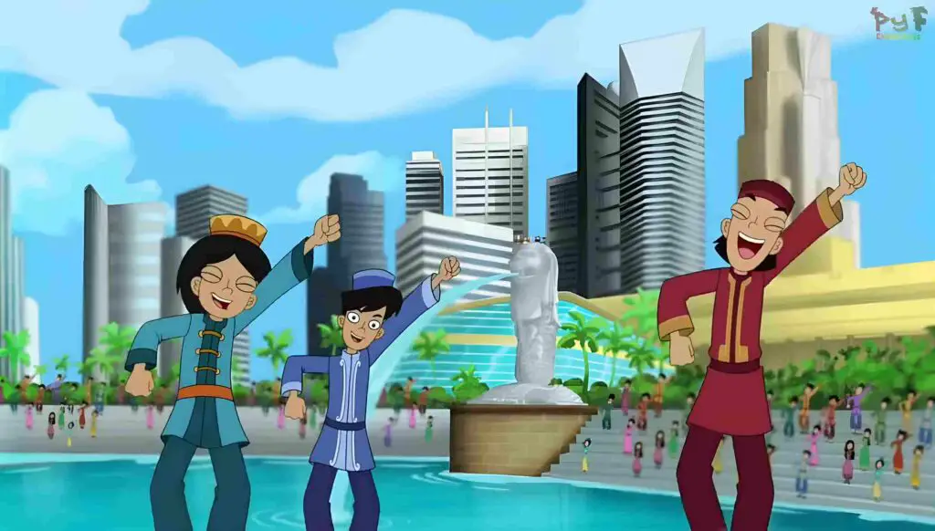 Phineas and Ferb's Summer All Over the World Song scene featuring Singaporeans dancing in front of the Merlion at Merlion Park.