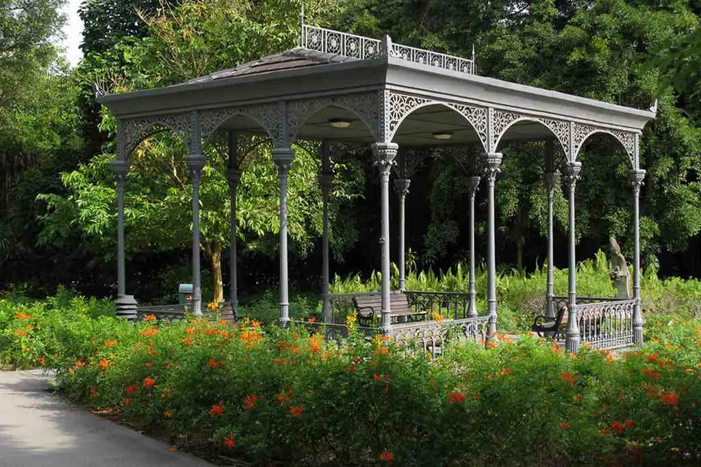 Victorian-style cast iron gazebo beside Swan Lake at Singapore Botanic Gardens