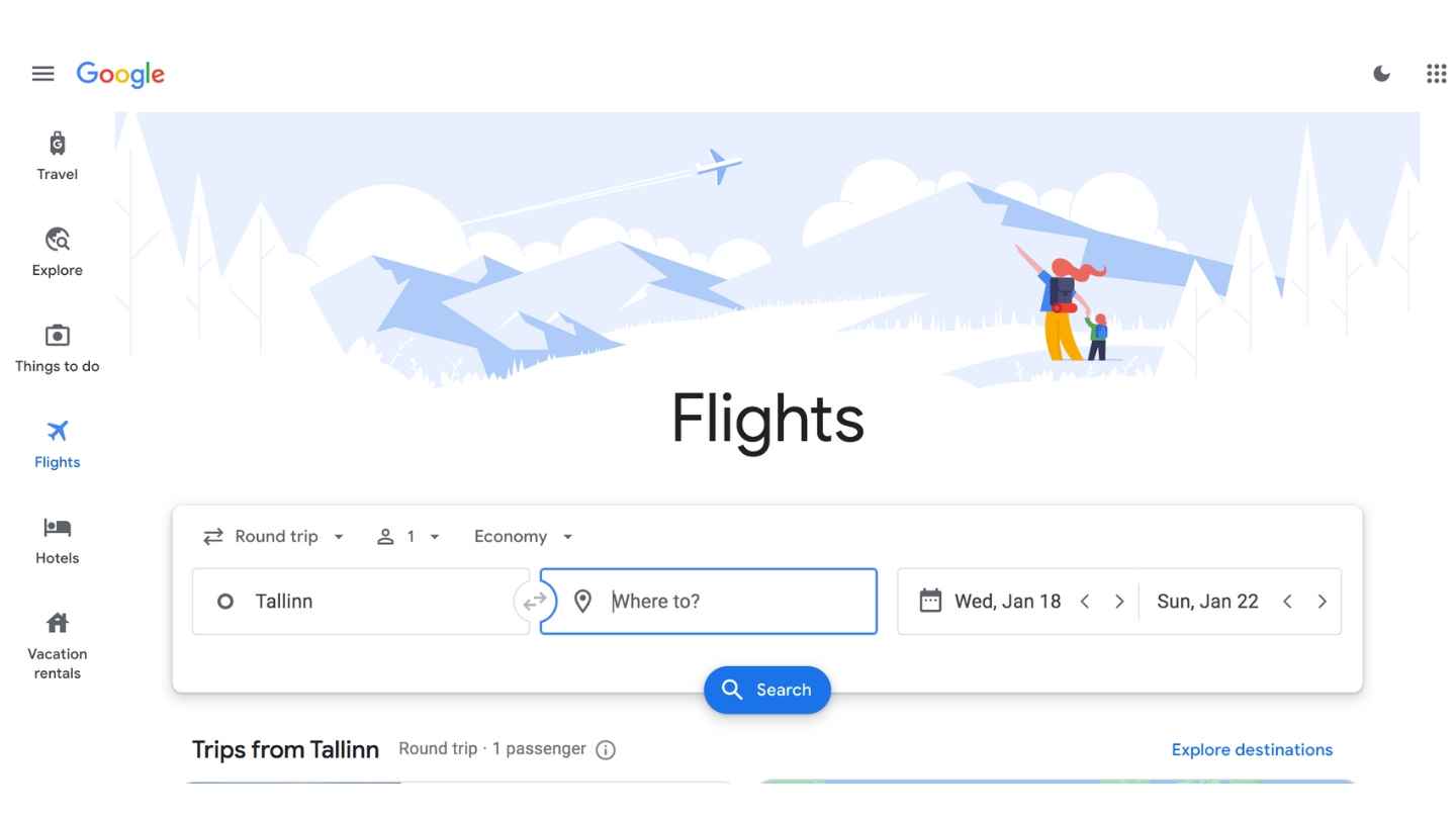 Google Flights Homepage
