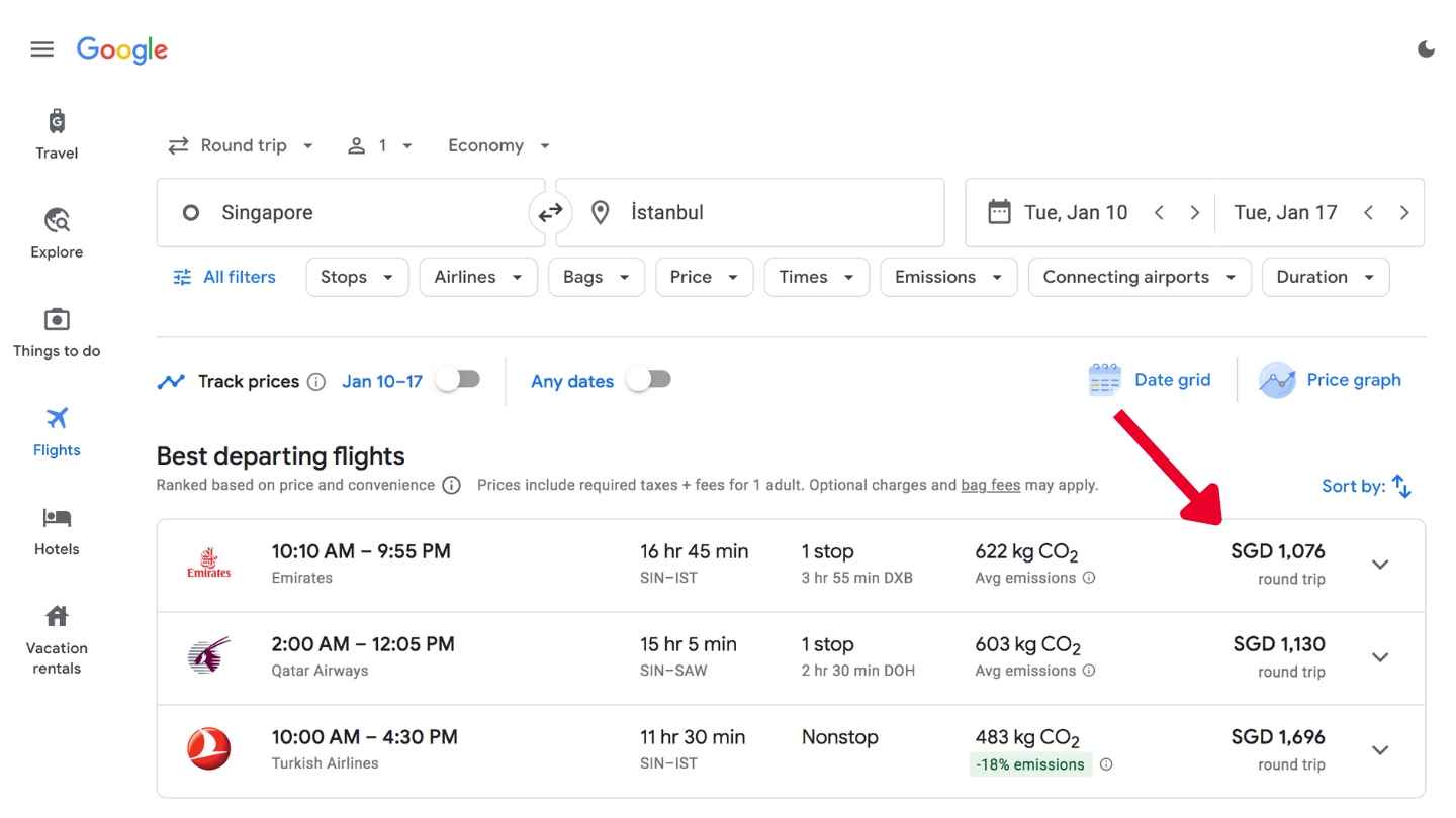 Google Flights Main Search Page