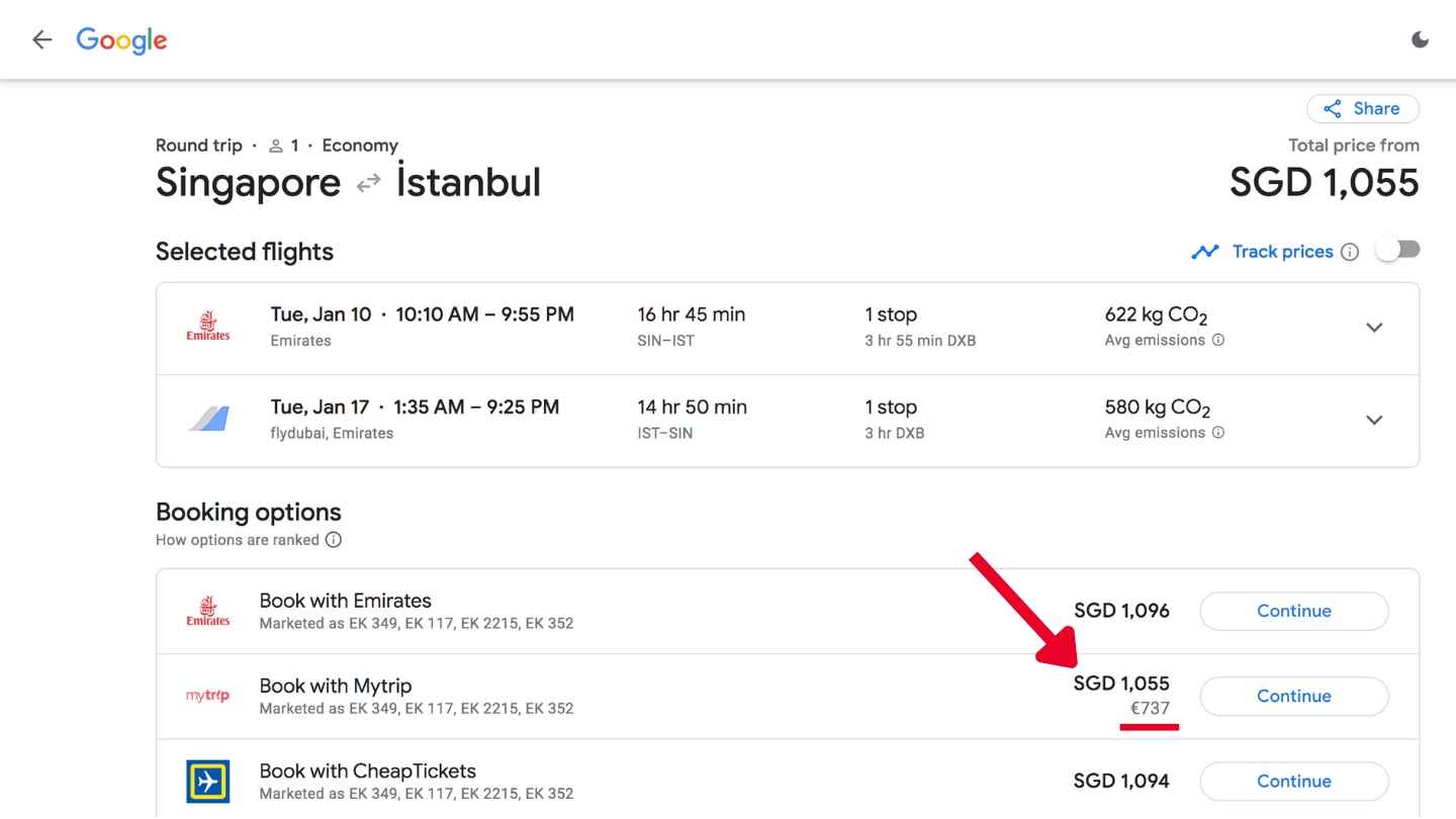 Google flights Provider Selection Page