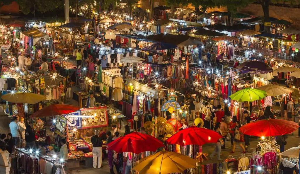 Busy scene of the Chiang Mai Night Bazaar
