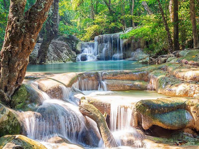 The shining waterfalls at the Erawan National Park