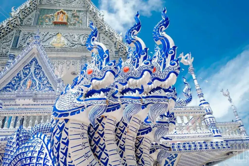 The beautiful white and blue dragons of Wat Pak Nam Kheam Nu in Chanthaburi
